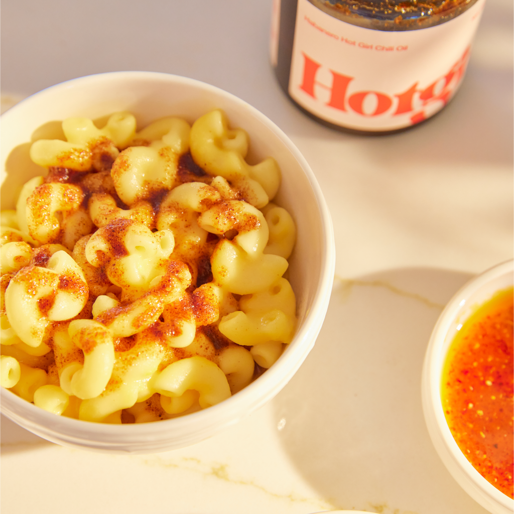 Mac and cheese drizzled in Habanero Hot Girl Chili Oil  - Hotgirlsauce chili oil - chili sauce - hot sauce
