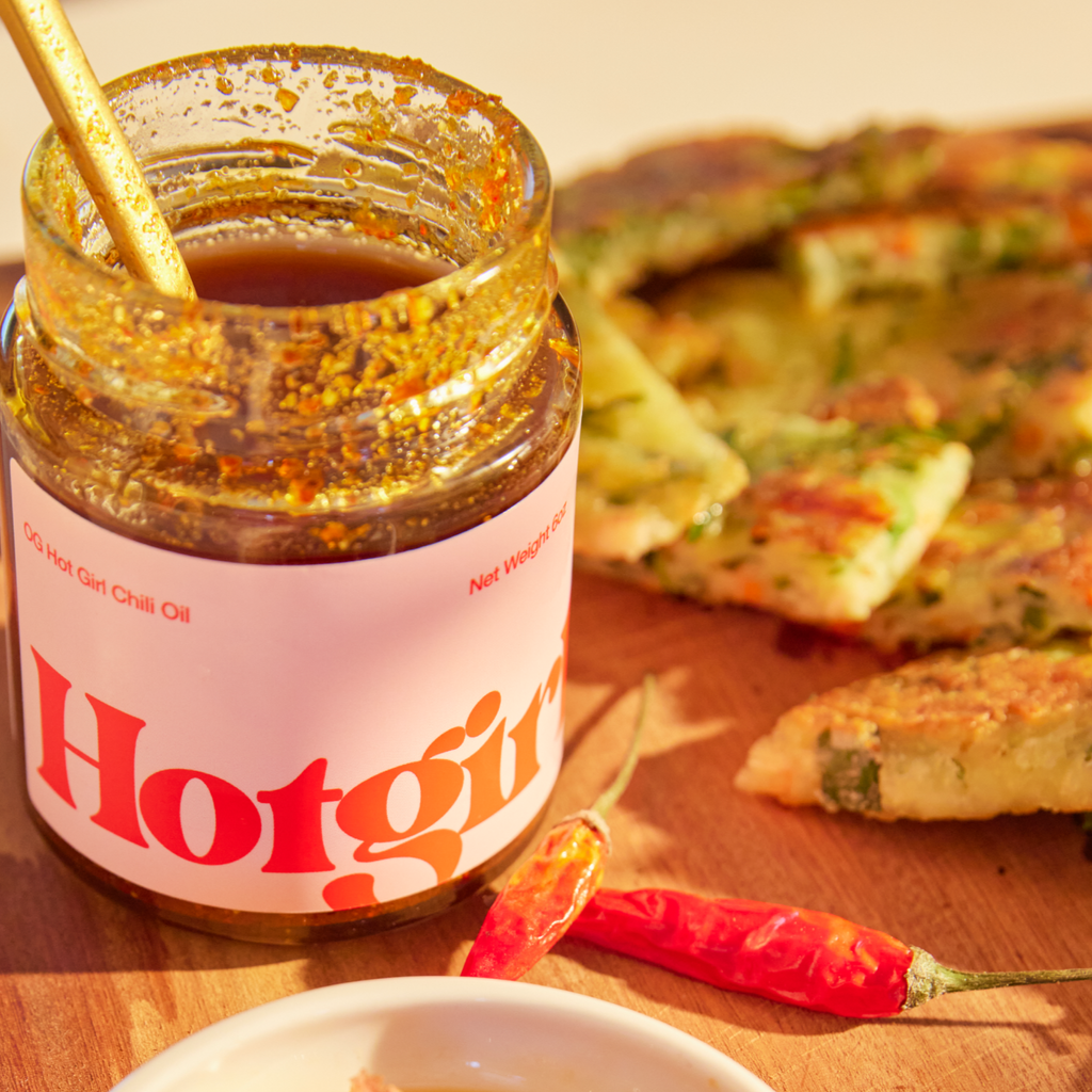 OG Hot Girl Sauce Chili Oil, chili peppers, and vegetable pancakes  - Hotgirlsauce chili oil - chili sauce - hot sauce