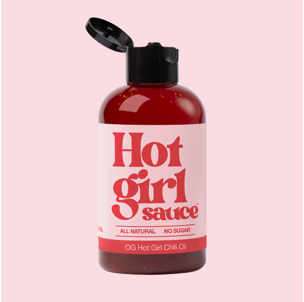 Bottle of OG Hot Girl Squeezable Chili Oil with squeeze lid open - Hotgirlsauce chili oil - chili sauce - hot sauce