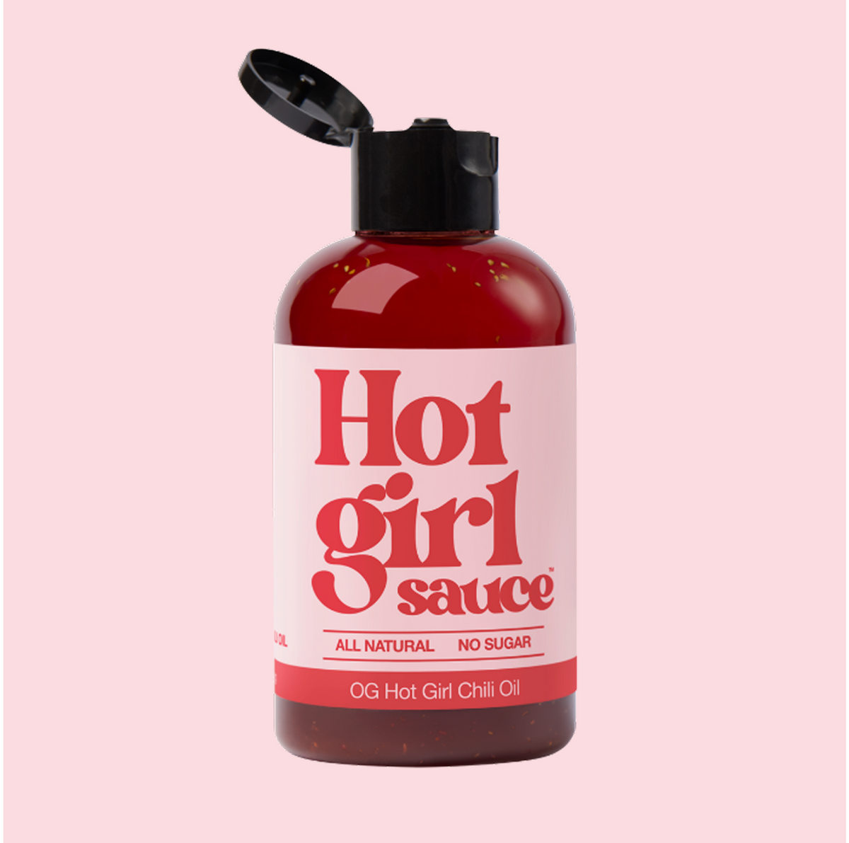 Bottle of OG Hot Girl Squeezable Chili Oil with squeeze lid open - Hotgirlsauce chili oil - chili sauce - hot sauce