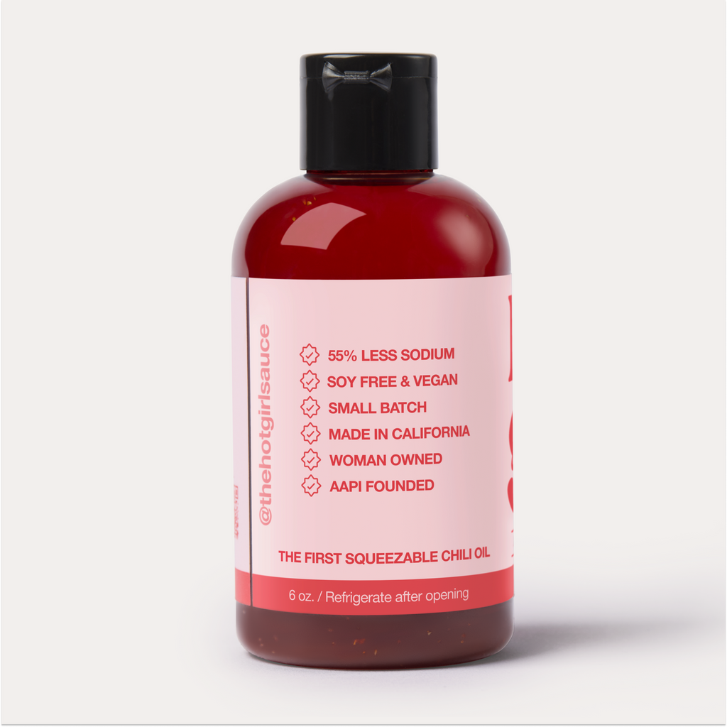 Backside of a closed bottle of OG Hot Girl Squeezable Chili Oil -  Hotgirlsauce chili oil - chili sauce - hot sauce