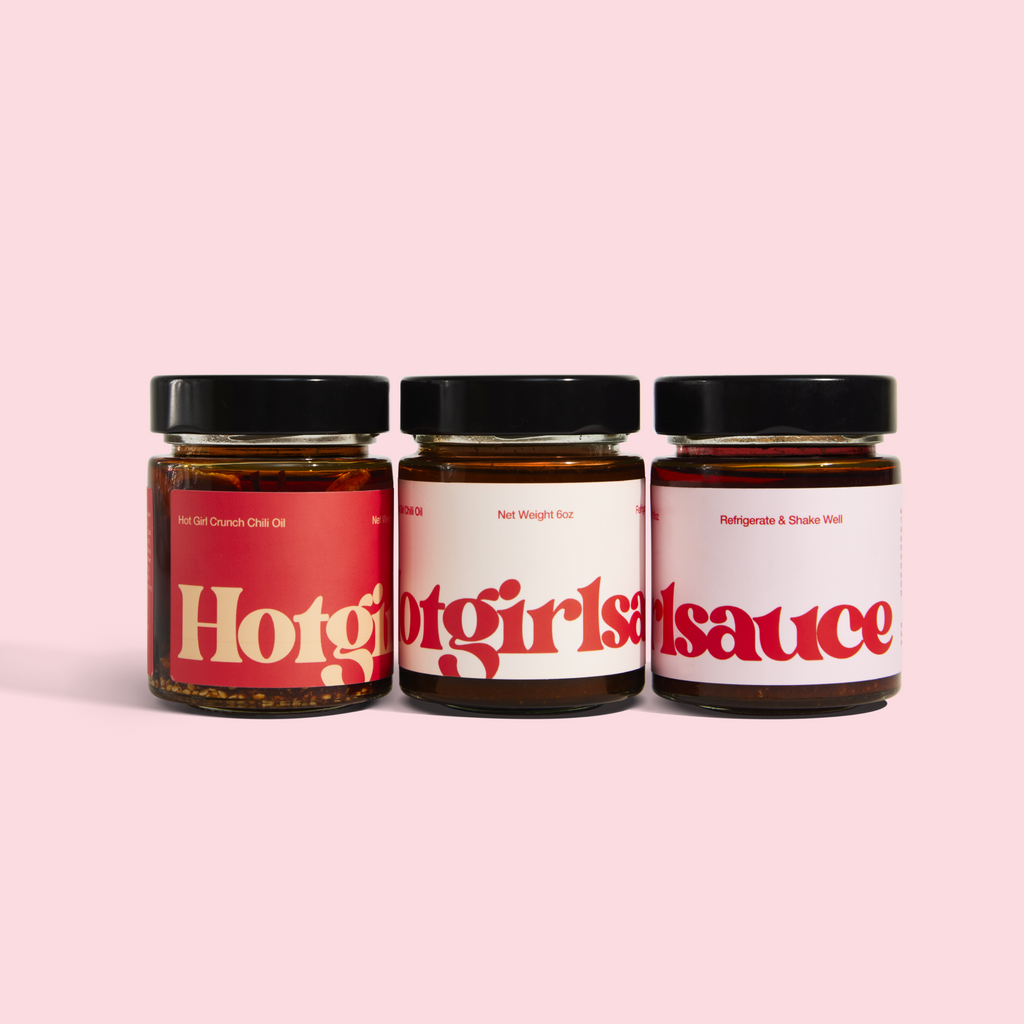 Hot Girl Trio of Chili Oil - one jar of OG Hot Girl Chili Oil, one jar of Habanero Hot Girl Chili Oil, and one jar of Hot Girl Crunch Chili Oil - Hotgirlsauce chili oil - chili sauce - hot sauce
