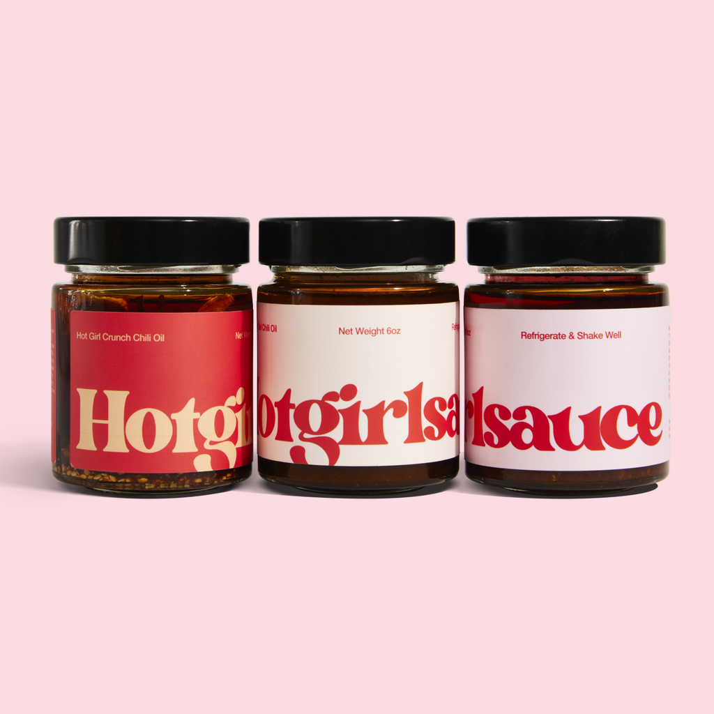Hot Girl Trio of Chili Oil - one jar of OG Hot Girl Chili Oil, one jar of Habanero Hot Girl Chili Oil, and one jar of Hot Girl Crunch Chili Oil - Hotgirlsauce chili oil - chili sauce - hot sauce