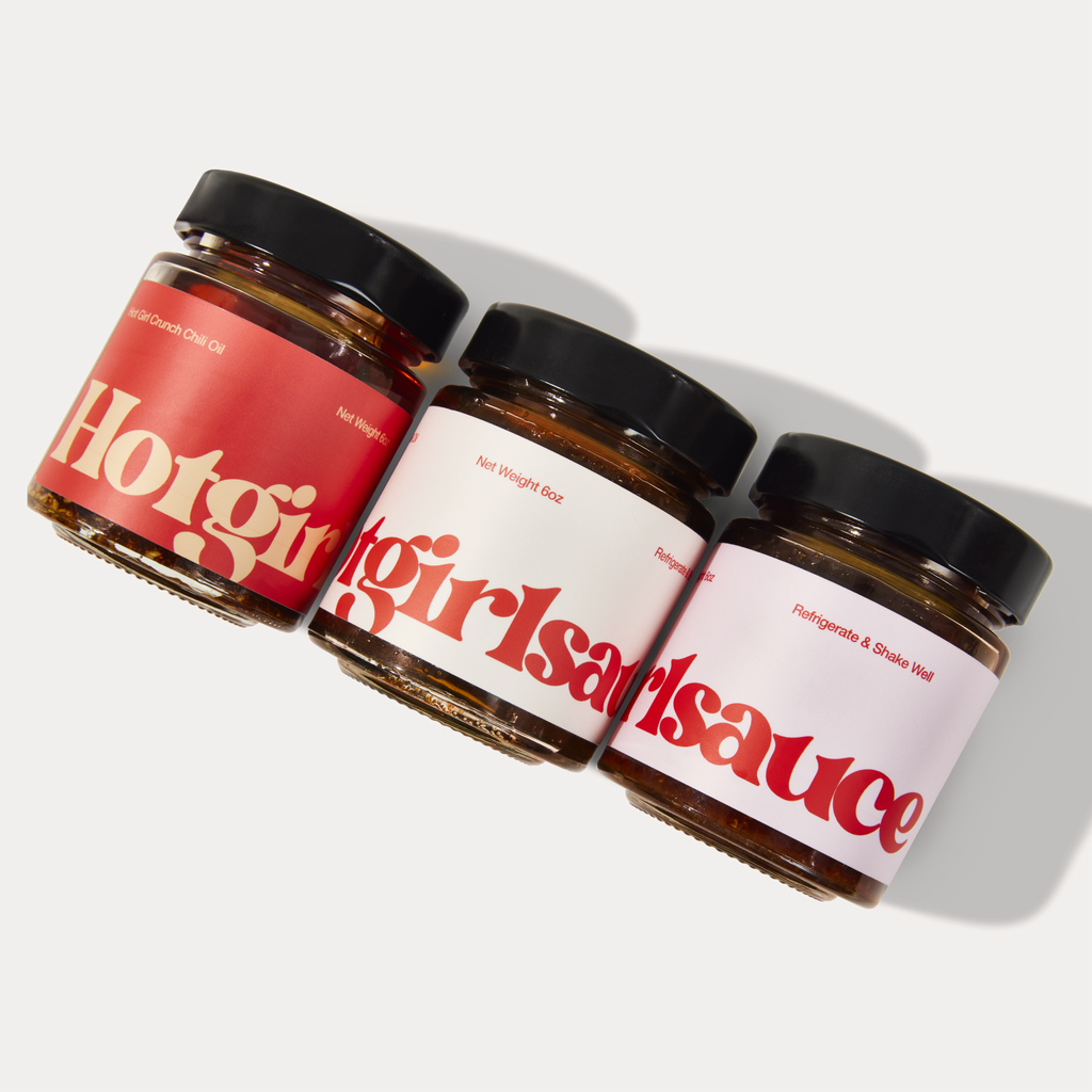 Hot Girl Trio of Chili Oil - one jar of OG Hot Girl Chili Oil, one jar of Habanero Hot Girl Chili Oil, and one jar of Hot Girl Crunch Chili Oil - Hotgirlsauce chili oil - chili sauce - hot sauce