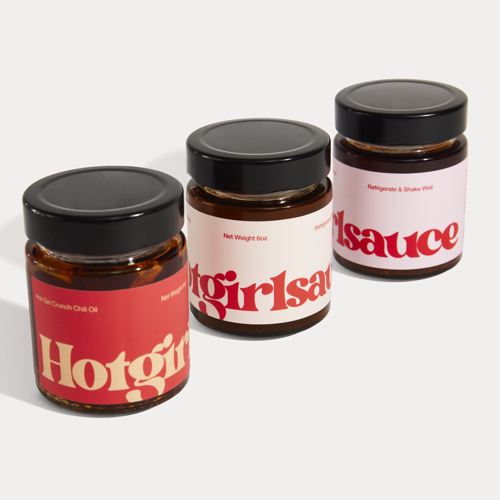 Hot Girl Trio of Chili Oil - one jar of OG Hot Girl Chili Oil, one jar of Habanero Hot Girl Chili Oil, and one jar of Hot Girl Crunch Chili Oil - Hotgirlsauce chili oil - chili sauce - hot sauce
