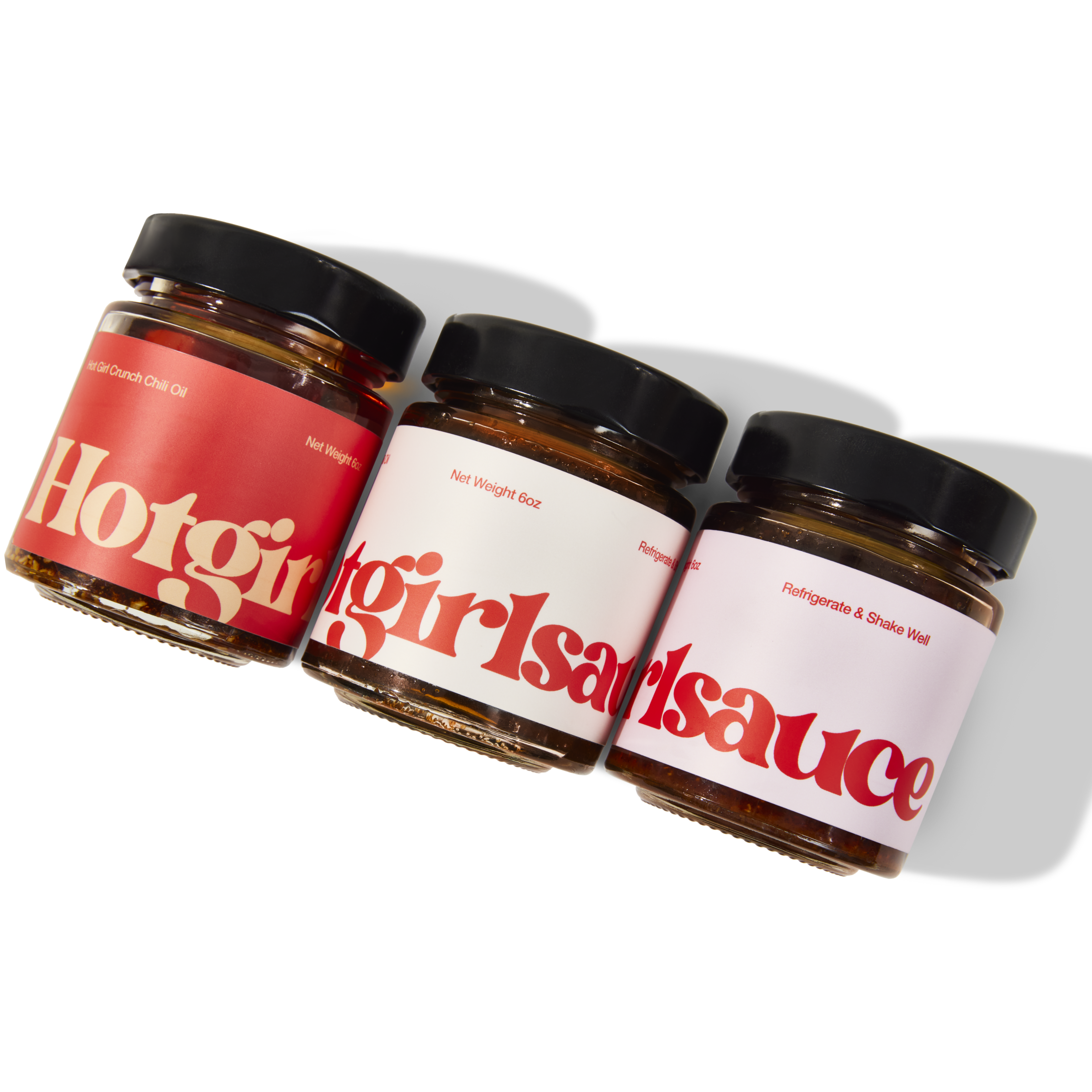 Hot Girl Trio of Chili Oils on transparent background  -  Hotgirlsauce chili oil - chili sauce - hot sauce